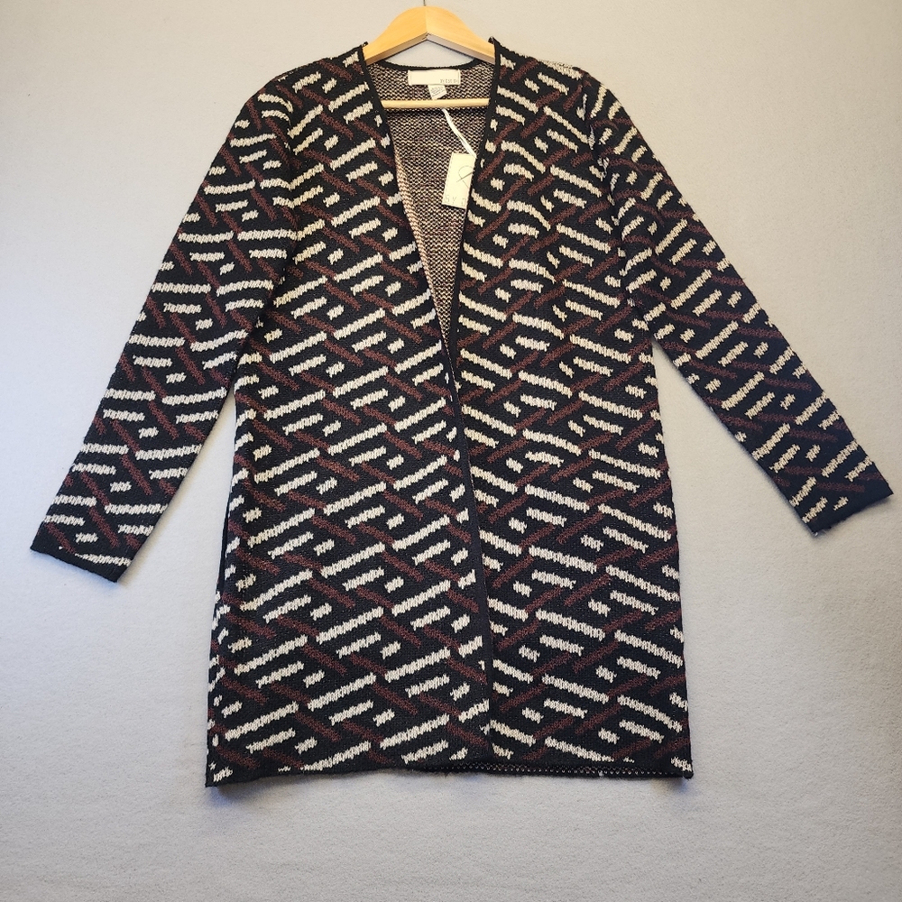 ByDesign Randee Geometric Cardigan NWT Medium Rust Brown Black Library Chic Boho